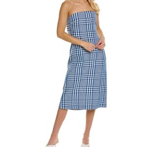 Theory Dillon Phyly Linen-Blend Midi  Blue Gingham Strapless Dress... Size 10